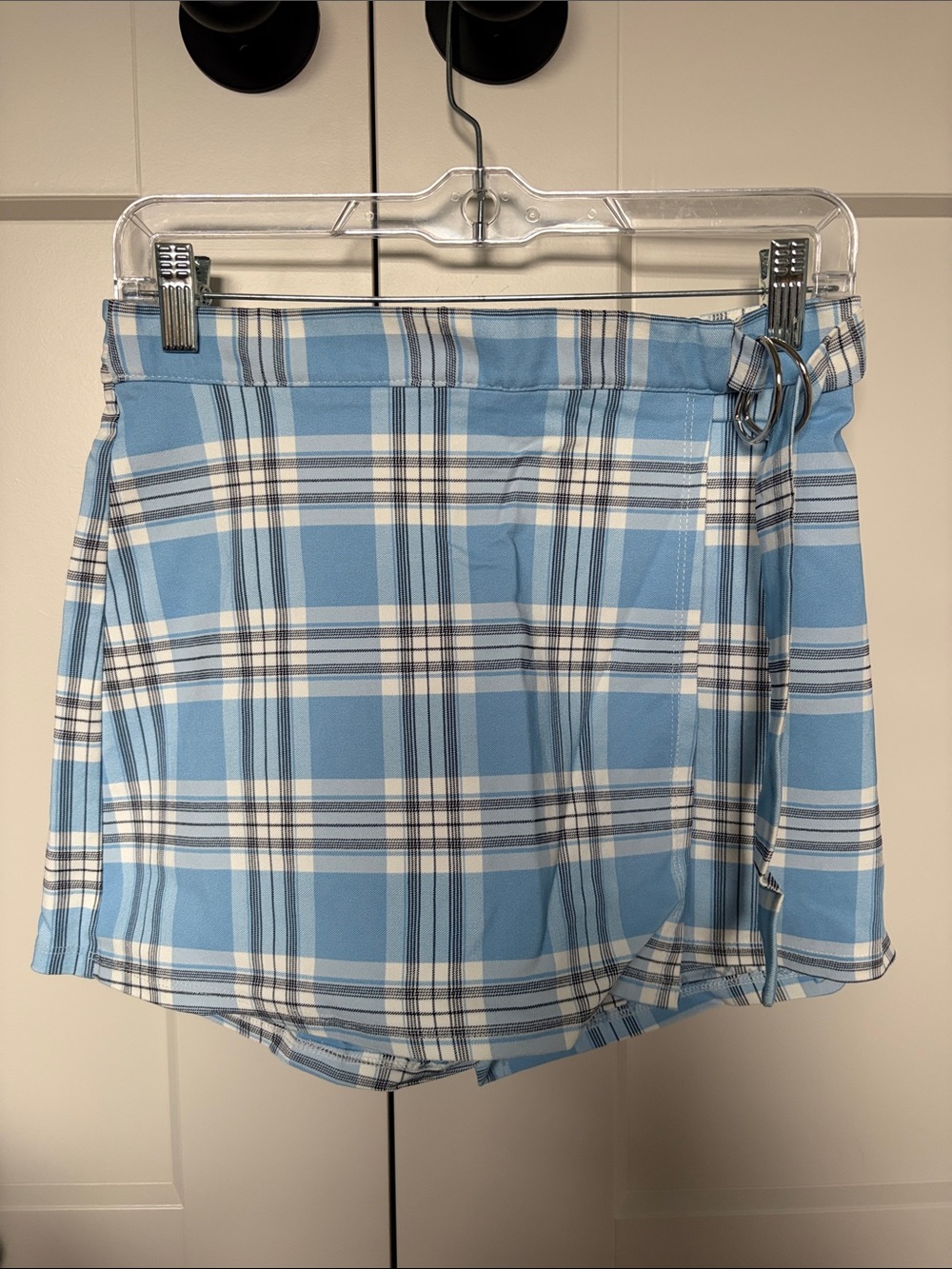Altar'd State Blue and White Plaid Skort with Ring Accent